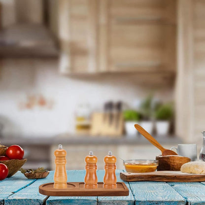 GORGECRAFT Arch Wood Tea Serving Tray Wooden Salt and Pepper Mill Tray Holder Bamboo Condiment Tea Serving Tray Grinder Rest for 2 Mills Accessories Tea Kitchen Storage Home Decor, Coconut Brown
