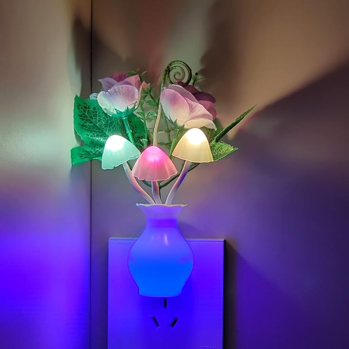 AUSAYE Color-Changing LED Night Light, 1Pack Plug in Dusk-to-Dawn,Home Décor Lamp Dream Nightlight Purple Rose Flower Mushroom Night Light for Kids Adults Bedroom,Bathroom,Stairs, Kitchen,Hallway