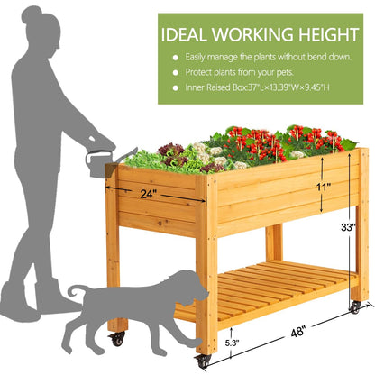 FORTUNO Raised Garden Bed with Wheels 48"x24"x33" Large Wood Planter Box with Legs Outdoor Mobile Wooden Elevated Raised Beds for Vegetable Flower, Standing Gardening Box with Liner for Patio, Deck