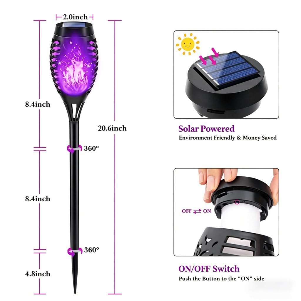 HSKMNFCQF 4 Pack Solar Flame Lights Outdoor, Flickering Flame Torch Lights, IP65 Waterproof Solar Powered Garden Lights for Patio Lawn Yard Pathway Decor (Purple)