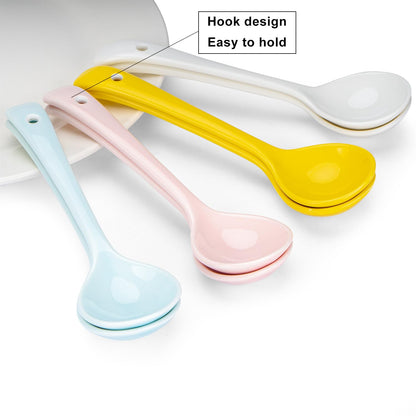 Ceramic Spoons Set of 8, Ceramic Chinese Soup Spoon, Asian Soup Spoons, White/Blue/Yellow/Pink Japanese Spoon Large for Ramen Pho Wonton Dumpling Miso, Deep Oval Hook Design (8, 4-Color)