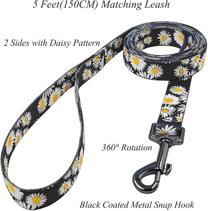 Dog Collar and Leash Set, Cute Daisy Pattern, Polyester Material, 5ft Leash, for Puppy Dogs.(Extra Small,Black Daisy)