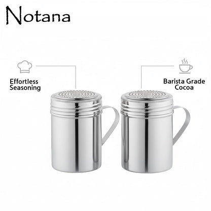 Notana Stainless Steel 10 Ounce Dredge Shakers with Handle for Powder Sugar, Flour Duster for Baking, Seasoning Shaker, Salt and Pepper Shakers, Cinnamon Sugar Dispenser for Kitchen (2-PACK)