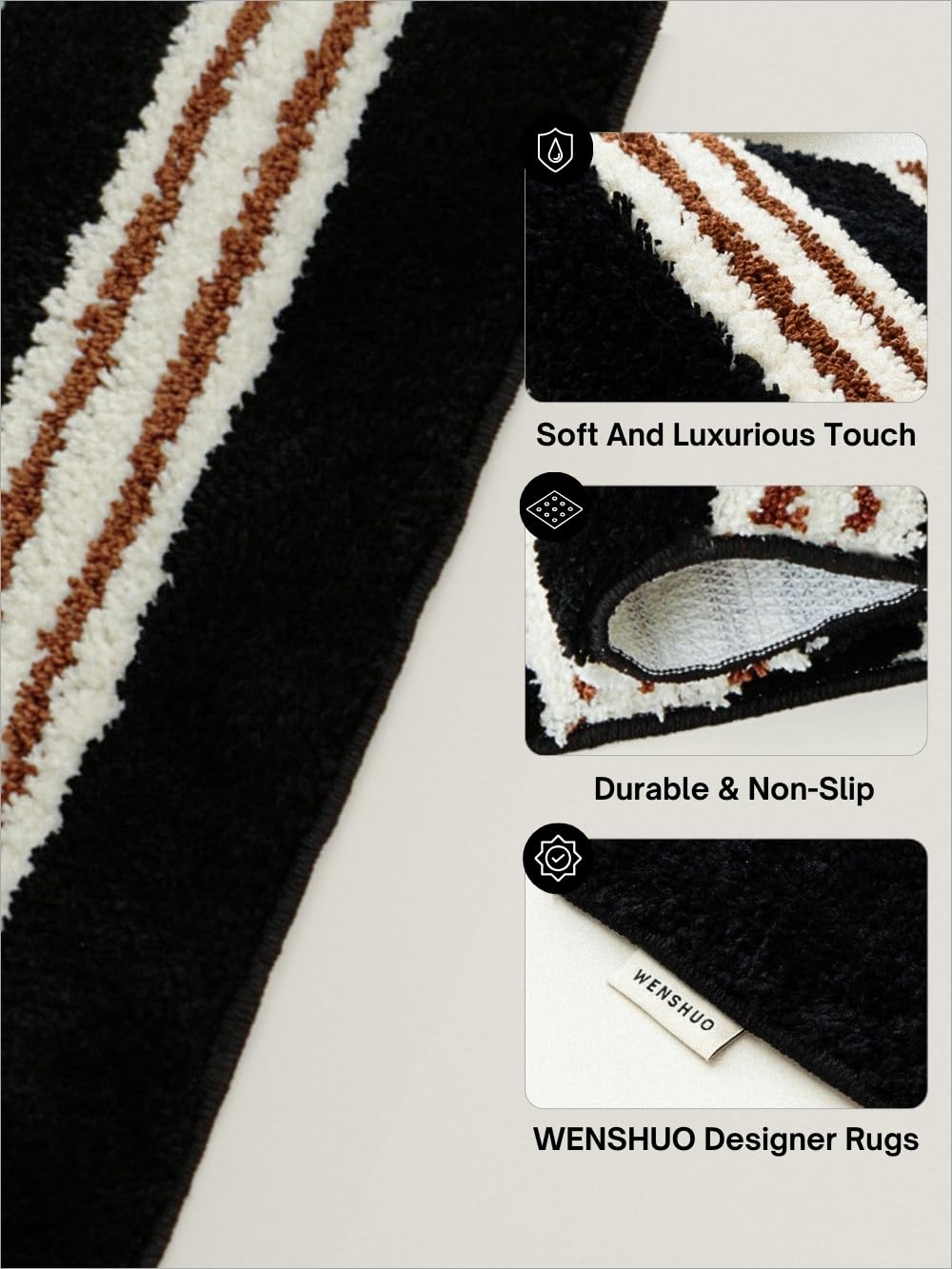 WENSHUO Wide Striped Area Rug (Vintage Black),Microfiber Absorbent Non-Slip Throw Rug,TPR Non-Slip Bottom（29.53" L × 17.72" W）