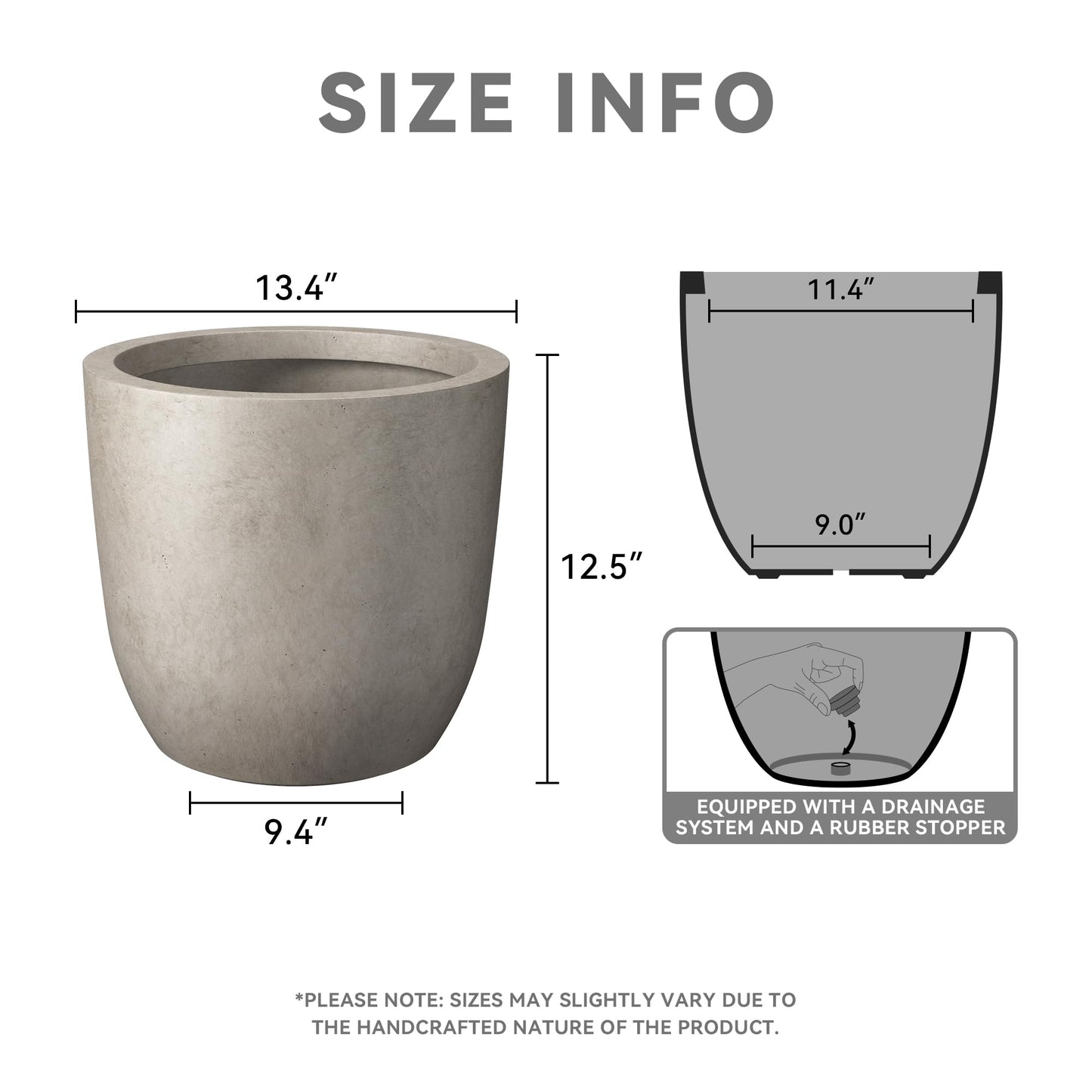 Kante 13.4" Dia Round Concrete Planter, Large Outdoor Modern Indoor Decorative Plant Pots with Drainage Hole and Rubber Plug for Home and Garden, Weathered Concrete