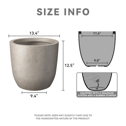 Kante 13.4" Dia Round Concrete Planter, Large Outdoor Modern Indoor Decorative Plant Pots with Drainage Hole and Rubber Plug for Home and Garden, Weathered Concrete