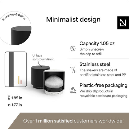 LARS NYSØM Mini Salt and Pepper Shakers Set | Stainless Steel Salt and Pepper Shakers with Modern Minimalist Design, Easy Refill, Small Size (Black/White)