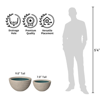 Kante 16.9 Inch Dia Concrete Planter, Round Bowl Design Garden Pot for Indoor Outdoor Plants, Modern Flower Pot with Drainage Hole, Weathered Concrete Finish with Painted Interior