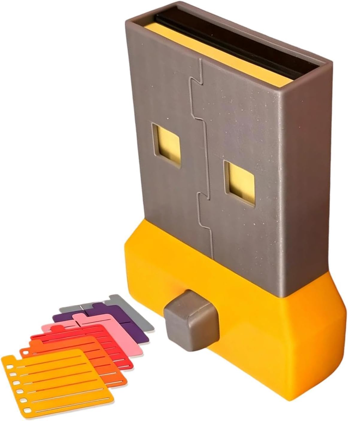 USB Flash Drive Shaped Sticky Note Holder & Pen Organizer, 3D Printed Desk Caddy with Magnetic Compartment, Includes Stencils, for Home Office School, Yellow, Minimalist Style
