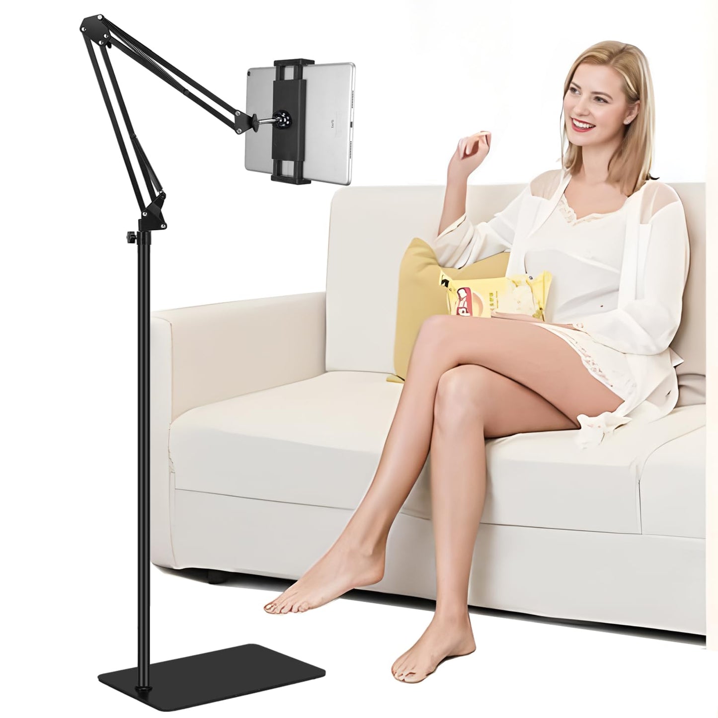 Tablet Floor Stand with 6LB Weight, Overhead Bed phone Stand Angle Height Adjustable Arm Stretchable Stand Holder, Compatible with iPhone iPad Mini Air Pro, Galaxy Tab, Kindle, E-Readers,all Phones