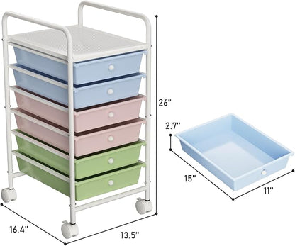 6-Tier Utility Cart with 6 Drawers, Rolling Utility Cart with 2 Lockable Caster Wheels, Multipurpose Mobile Rolling Drawer Cart for Office Bathroom Kitchen, Colorful