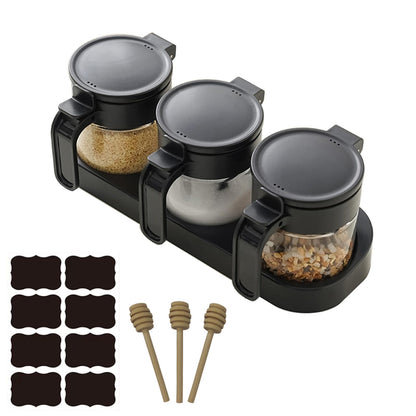 JIMMEAL 3 Pack Airtight Glass Spice Jars with Spoons, Lead-Free Condiment Container Set with Silicone Seal Ring, Honey Dippers, Tray, Labels and Wall Mount Adhesive for Sugar, Salt, Coffee Bar, Black