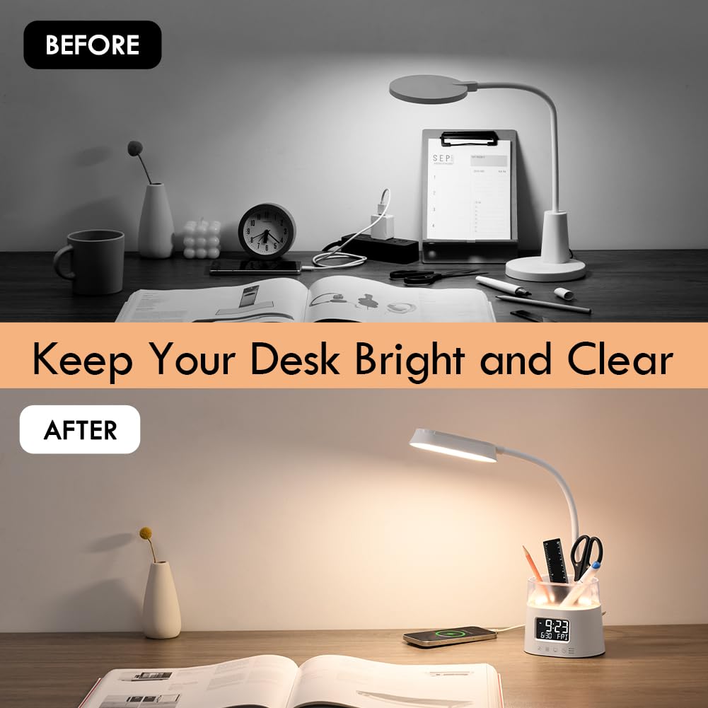 WILIT LED Desk Lamps for Home Office with Pen Holder, Table Lamp for Bedroom with USB Charging Port & Clock, RGB Night Light, Study Lamp for Kids Girls, Desk Light for College Dorm Room Essentials
