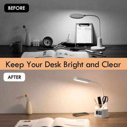 WILIT LED Desk Lamps for Home Office with Pen Holder, Table Lamp for Bedroom with USB Charging Port & Clock, RGB Night Light, Study Lamp for Kids Girls, Desk Light for College Dorm Room Essentials