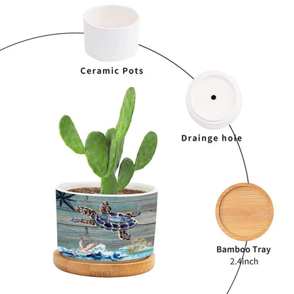 DreamAutumn Ocean Theme Sea Turtle Planter Ceramic Round Plant Pots with Drainage Holes and Bamboo Tray Planting Small Flower Pots for Home Windowsill Desk Garden Indoor Outdoor Use