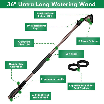 RESTMO 36”Long Watering Wand, 180° Swivel Head Metal Garden Hose Wand with 10 Spray Patterns, 3ft Heavy Duty Hose Nozzle Sprayer with Thumb Flow Control, Ideal to Water Hanging Baskets, Shrubs