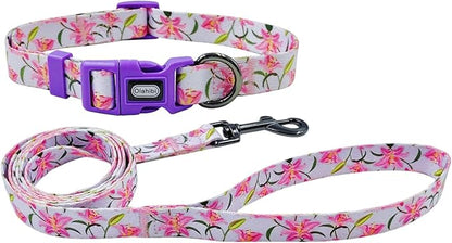 Dog Collar Leash Set, Floral Pattern, Polyester Material, Adjustable Collar and 5ft Matchcing Leash, for Medium Dogs.(M, Purple Lily)