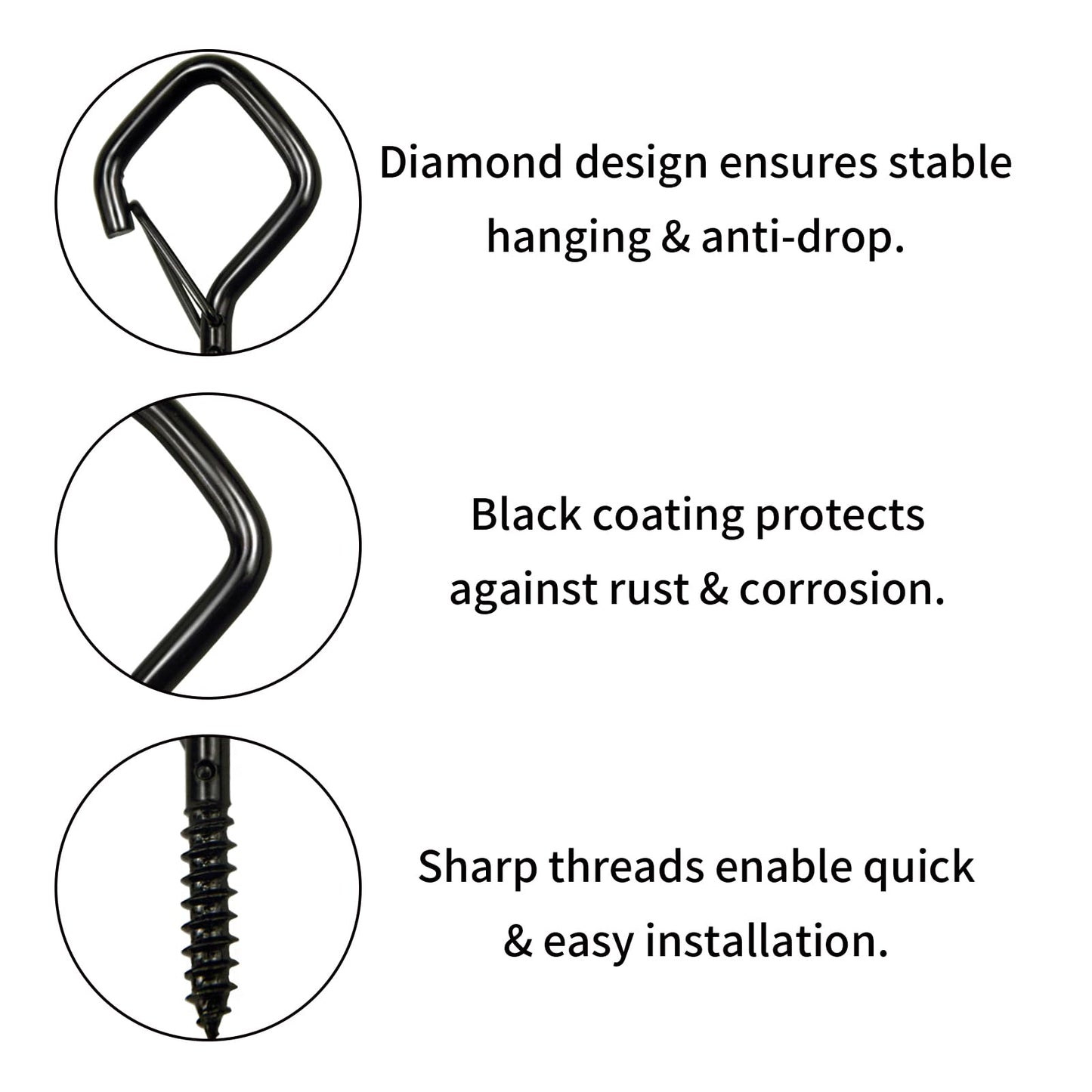 Tuakoie Heavy Duty Eye Screw Hooks with Safety Buckle, Windproof Ceiling Hooks for Hanging Plants, Outdoor String Lights, Bird Feeders, Cups & Decor – Metal Screw in Hooks (2.36IN Black, 46PCS)