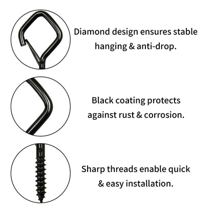 Tuakoie Heavy Duty Eye Screw Hooks with Safety Buckle, Windproof Ceiling Hooks for Hanging Plants, Outdoor String Lights, Bird Feeders, Cups & Decor – Metal Screw in Hooks (2.36IN Black, 46PCS)