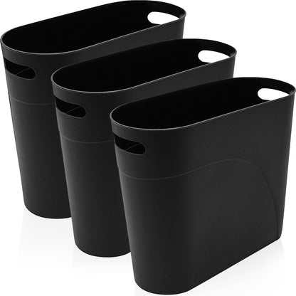 3 Pack Slim Waste Basket 3.2 Gallon Narrow Office Trash Can, Plastic Bathroom Wastebasket Slim Garbage Can Container Bin with Handle for Narrow Spaces Bathroom Bedroom Kitchen Office at Home, Black