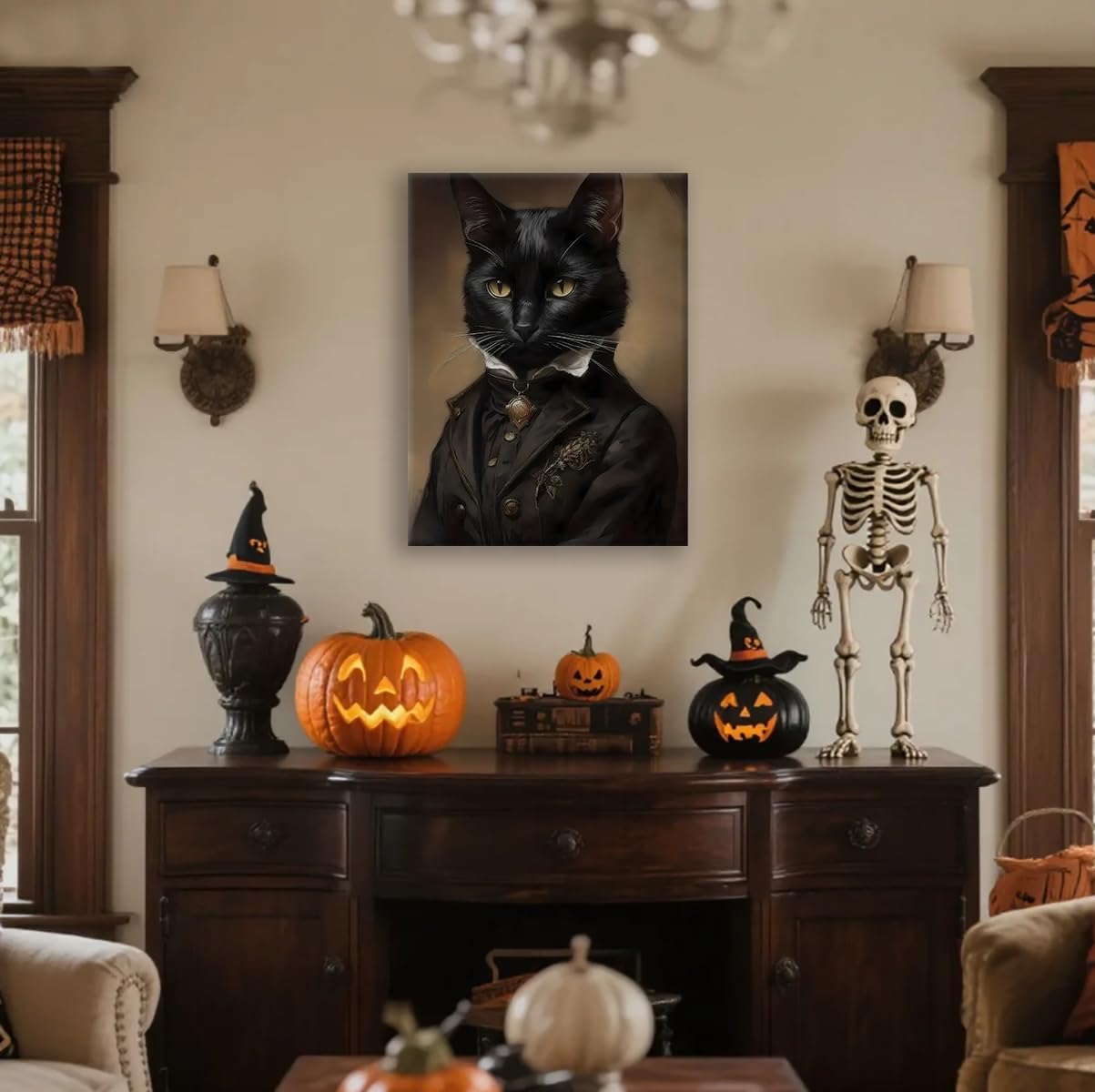 Black Cat Canvas Framed Wall Art Poster 11.5x15 Inch - Gothic Bathroom Decor, Dark Academia Home & Room Wall Decor Posters for Apartment, Cat Lover Gifts, Halloween Decorations