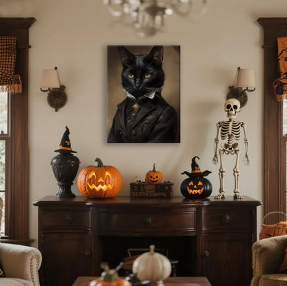 Black Cat Canvas Framed Wall Art Poster 11.5x15 Inch - Gothic Bathroom Decor, Dark Academia Home & Room Wall Decor Posters for Apartment, Cat Lover Gifts, Halloween Decorations