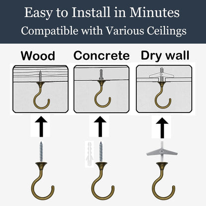 Evsteluo 4 Sets Heavy Duty Swag Ceiling Hooks with Hardware for Hanging Plants, Cavity Wall Fixing, Easy Installation, Holds Up to 30lbs, Ideal for Home & Garden (4 Sets, Antique Brass)