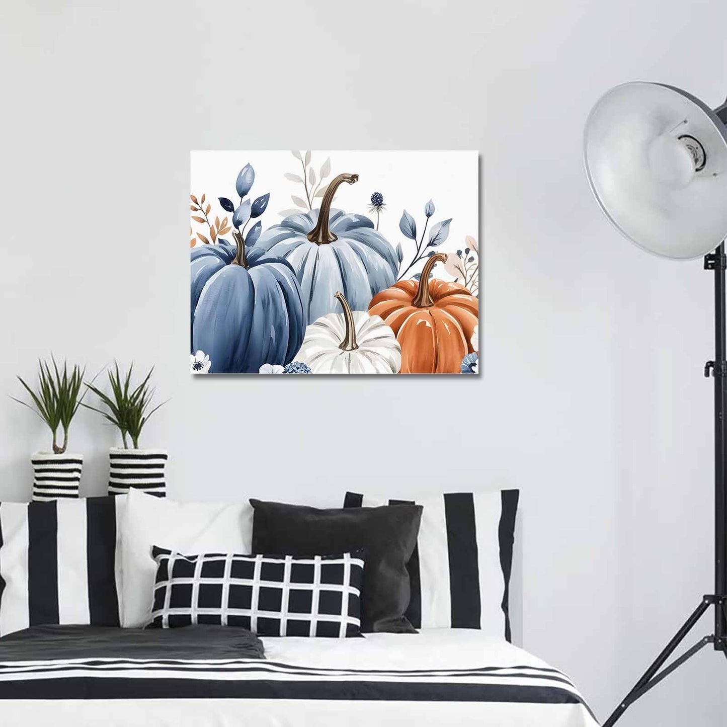 Prime Leader Fall Canvas Wall Art - Thanksgiving Blue Leaves Pumpkin White Background - Modern Wall Decor Gallery Canvas Wraps Giclee Print Stretched and Framed Ready to Hang - 16" x 20"