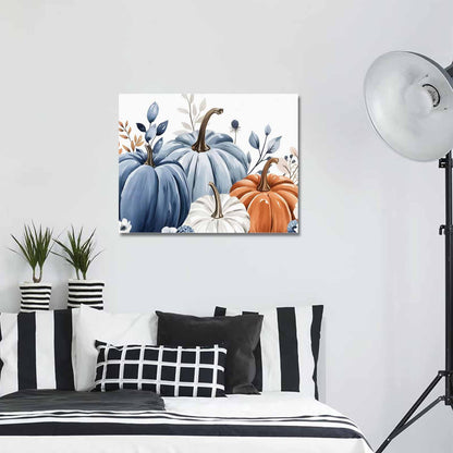 Prime Leader Fall Canvas Wall Art - Thanksgiving Blue Leaves Pumpkin White Background - Modern Wall Decor Gallery Canvas Wraps Giclee Print Stretched and Framed Ready to Hang - 16" x 20"