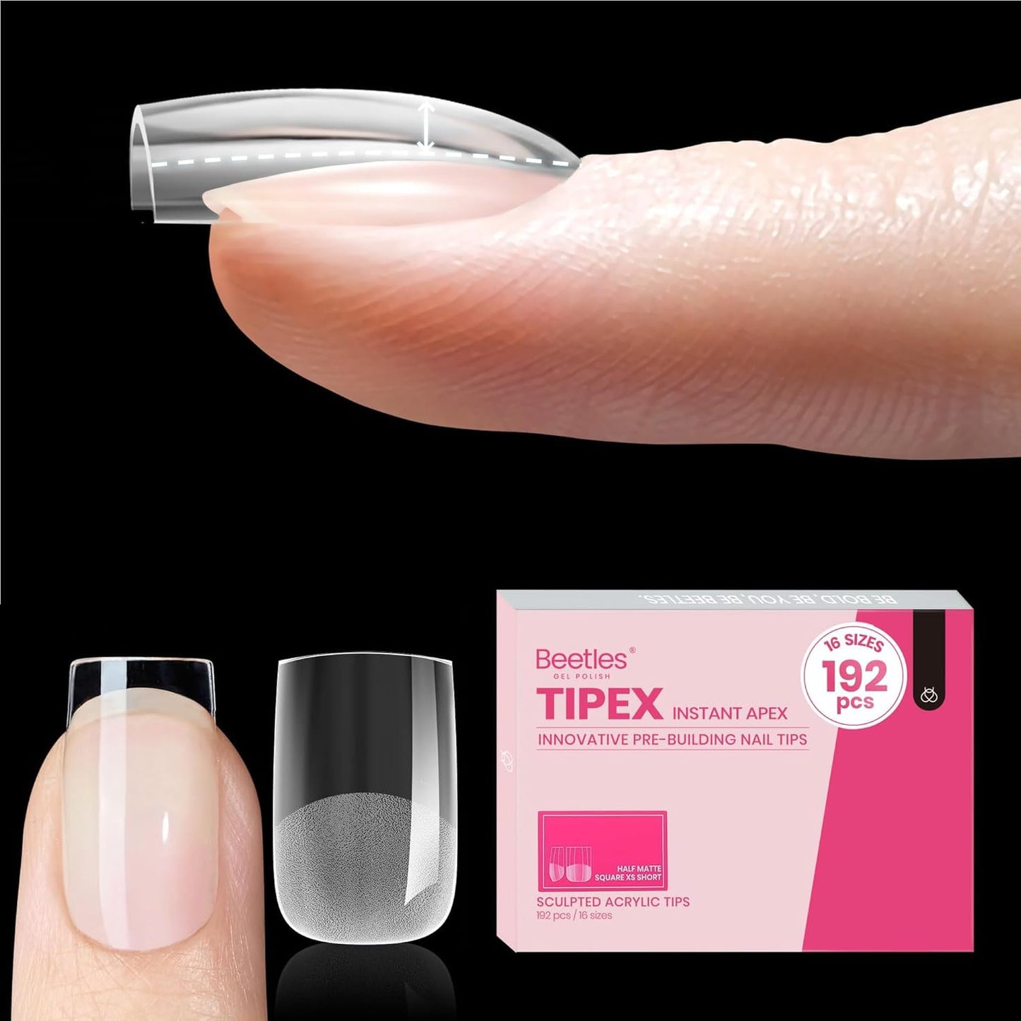 Beetles Tipex Gel Nail Kit, Medium Almond Nail Tips 224 Pcs 16 Sizes Pre-Building Pre-Etched Thick Acrylic Tips with Tipex Glue, Mini Lamp