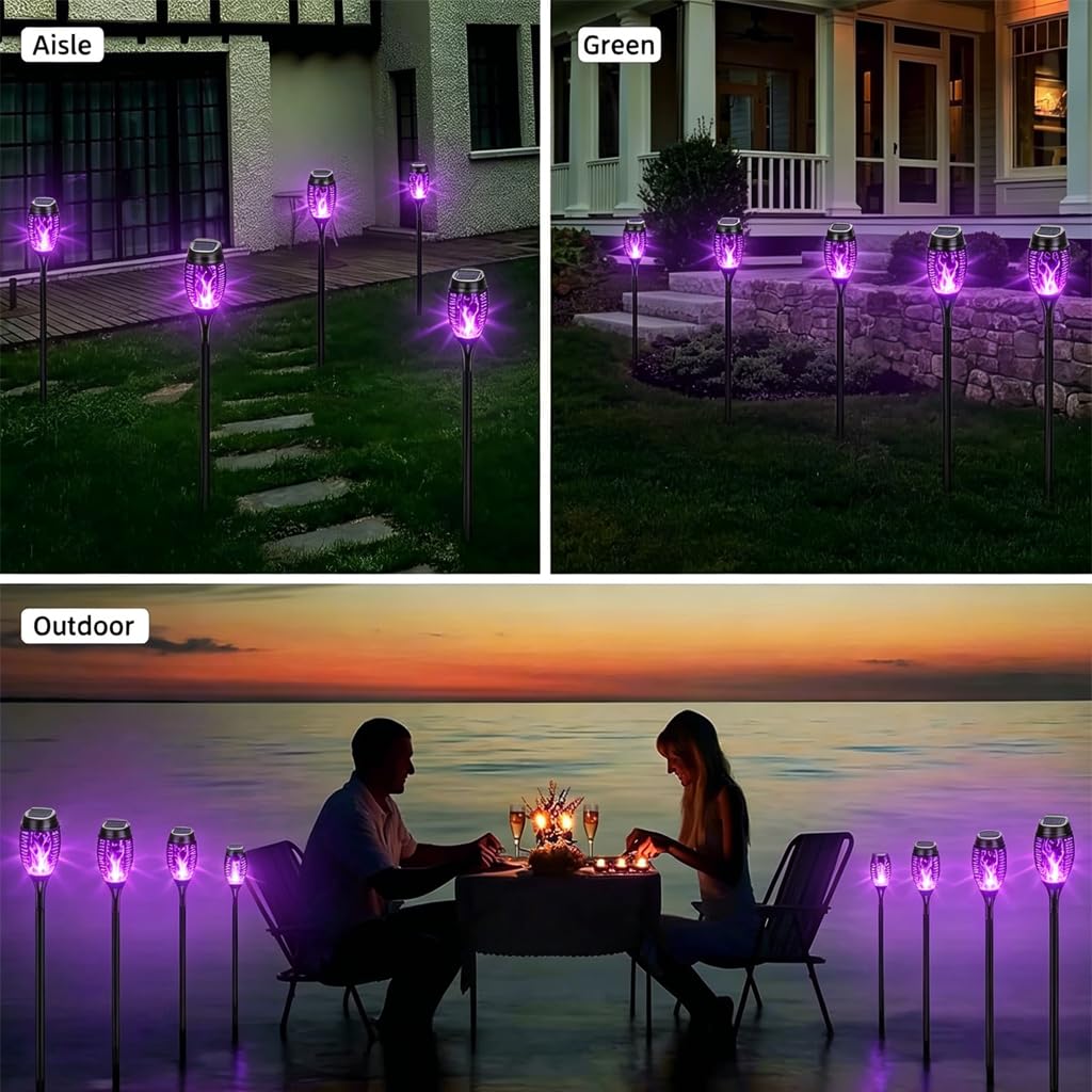 HSKMNFCQF 4 Pack Solar Flame Lights Outdoor, Flickering Flame Torch Lights, IP65 Waterproof Solar Powered Garden Lights for Patio Lawn Yard Pathway Decor (Purple)