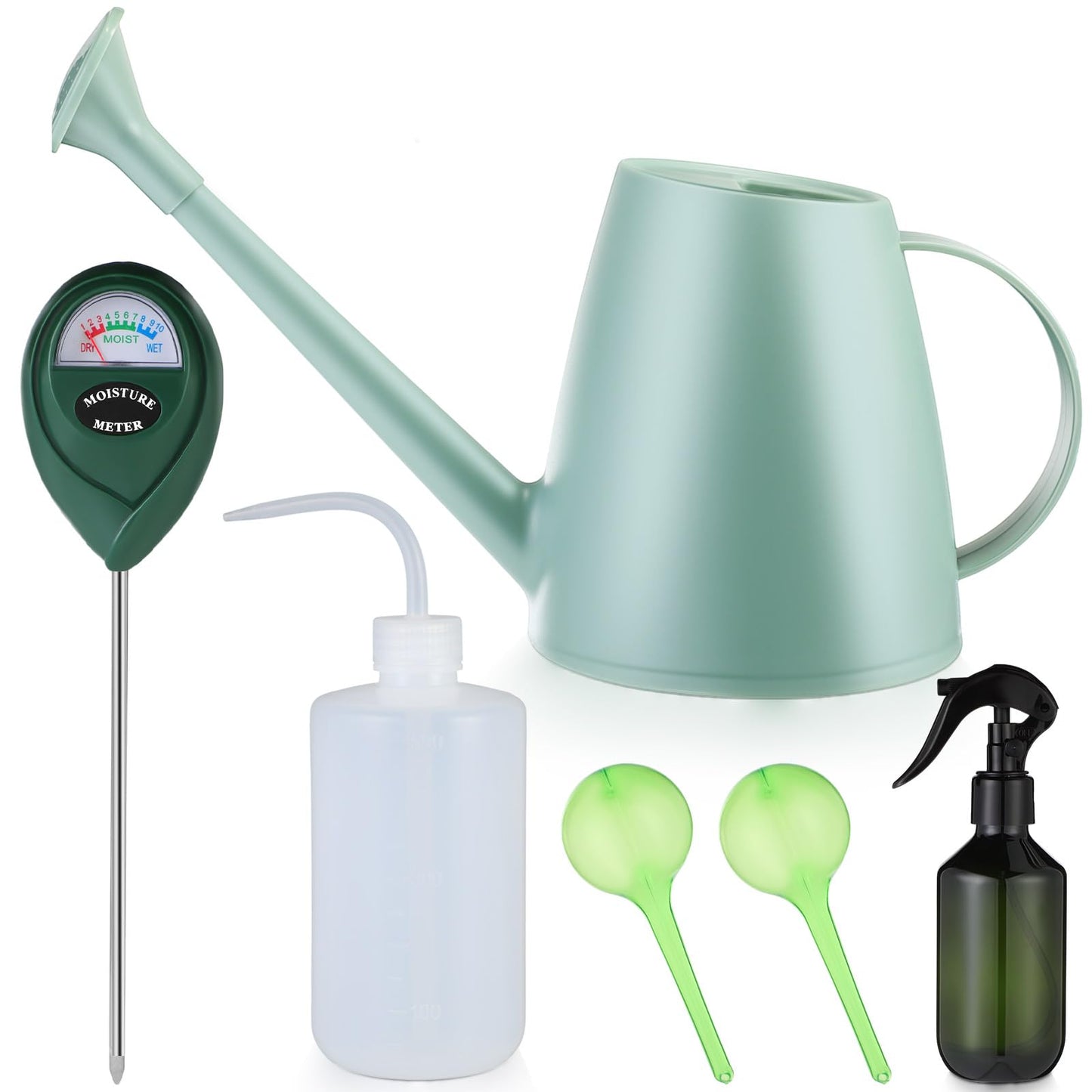 Reallnaive 6 Pcs Indoor Watering Can Set 1/2 Gallon Can 6.8 oz Spray Bottle 17 oz Squeeze Bottle Plant Watering Globes Soil Moisture Meter Small Spraying Set for Indoor Outdoor Plants(Mint Green)