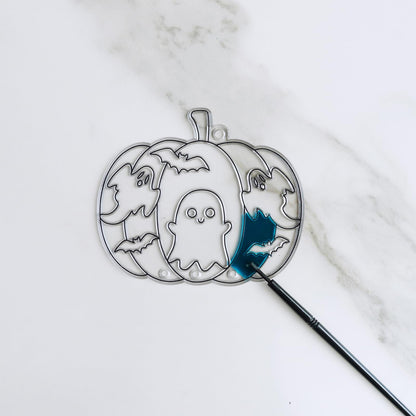 Winlyn 24 Sets Halloween Pumpkin Suncatcher Wind Chime Ornaments Decorations DIY Window Paint Art Suncatcher Craft Kits Pumpkin Sun Catchers for Kids Classroom Halloween Activities Holiday Art Project
