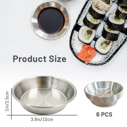 Huakaile 6Pcs Stainless Steel Sauce Dishes Round Seasoning, Soy Sauce Dipping Bowls 2 Oz, 4 Inch Pinch Bowls for Cooking Prep Metal, Sushi Appetizer Plates for Appetizer, Ketchup, Dessert (Silver)