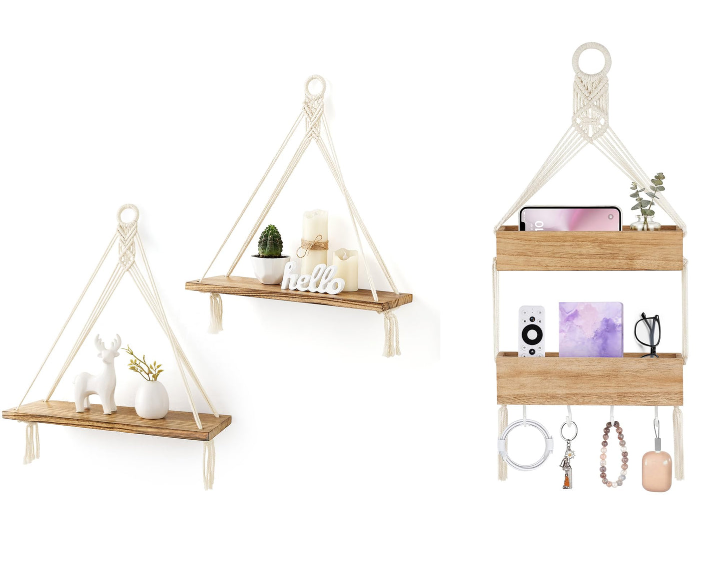Mkono Macrame Hanging Shelves Boho Wall Decor Set of 2 and Bedside Shelf Organizer with Hooks