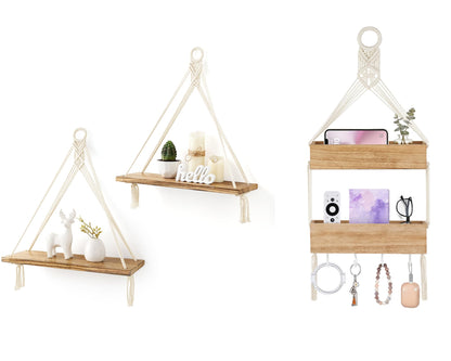 Mkono Macrame Hanging Shelves Boho Wall Decor Set of 2 and Bedside Shelf Organizer with Hooks