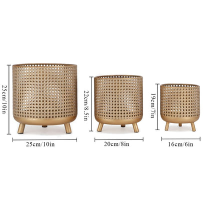 JHY DESIGN Set of 3 Plant Pots 10/8.5/7''H Metal Decoration Flower Pots with Hollow Design Large planters for Indoor & Outdoor Garden Home Balcony Railing Fence Plants(Gold)