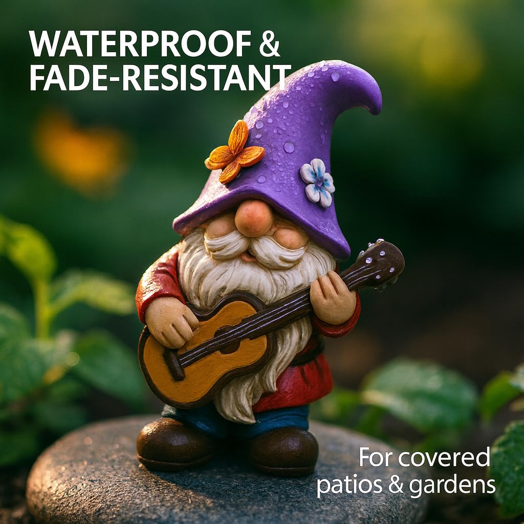 GoGnome Musical Gnome Figurine with Guitar – Handcrafted Resin Garden or Shelf Decoration, 6.2" Tall Whimsical Gnome Statue with Purple Hat, Flowers & Butterfly, Gift for Music Lovers (Purple)