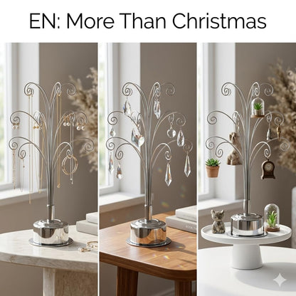 HOHIYA 360° Rotating Ornament Display Stand 15 Hooks Tabletop Christmas Tree Ornament Holder Metal Hanging Display Rack for Crystal Glass Baubles Jewelry and Home Decor Chrome Silver