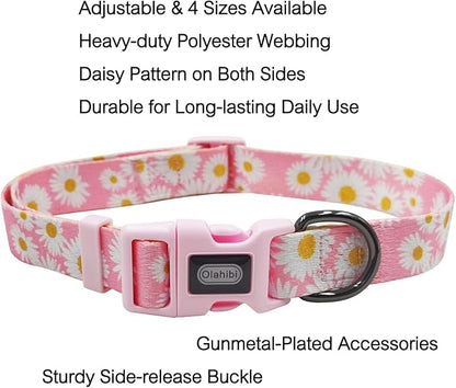 Dog Collar Leash Set, Floral Pattern, Polyester Material, Adjustable Collar and 5ft Matchcing Leash, for Medium Dogs.(M, Light Pink Daisy)