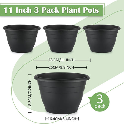 RooTrimmer 3 Pack 11 Inch Plant Pots for Indoor Outdoor,Plastic Floor Planters with Drainage Holes,Lightweight Durable Flower Pots for Home,Patio & Garden(Black)