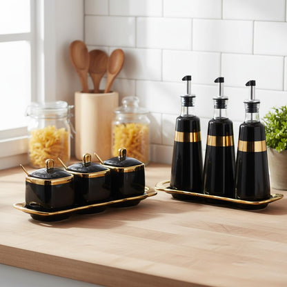 Fvstar Black Sugar Bowl with Lid and Spoon,Ceramic Condiment Jars Spice Container with Tray,Sugar and Salt Bowls,Gold Condiment Containers Pots Seasoning Box Set of 3 for Kitchen Coffee Bar