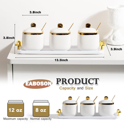 EABOSON 3 Pack Gold Condiment Spice Jars with Lids, Spoons, Tray - Ceramic Seasoning Box Set for Salt, Pepper, Sugar - Kitchen Storage