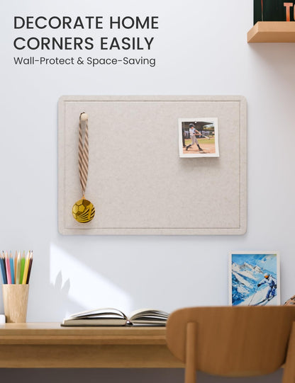Fluxynara Bulletin Board, 23.6" x 17.5" Cork Board Alternative with 12 Safe Removable Adhesive Tabs, Foldable Felt Pin Board for Home Office, Classroom, Bedroom,Entryway for Walls—Oatmeal