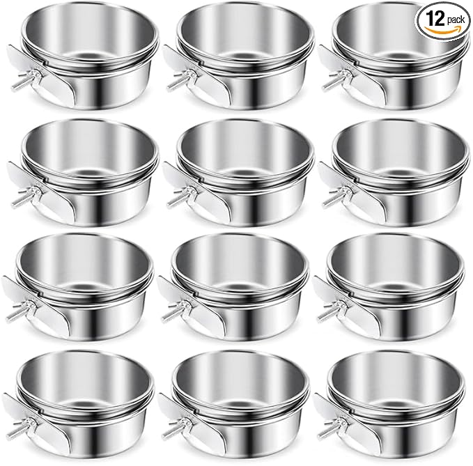 12 Pcs Stainless Steel Bird Food Bowls, 10 oz Bird Water Bowls with Clamp Holders, Parrot Cage Coop Feeders for Cockatiel Conure Budgie Parakeet Macaw (12PC-10oz Stainless Steel Bowl)