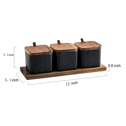 BIHOIB Black Porcelain Sugar Bowl Condiment Pot Salt Container with Wooden Lid, Spoon and Tray, Modern Spice Box Seasoning Jar, Set of 3