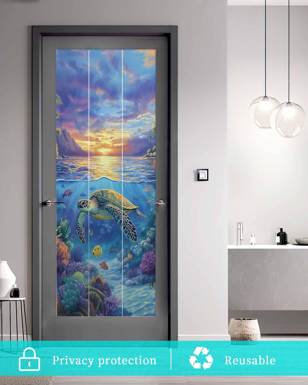 Sea Turtles Window Privacy Film Stained Glass Window Film Decorative Window Cover Static Window Cling for Glass Door Coastal Coral Tropical Fish Sunset Scenery Window Stickers for Bathroom 29.5"x78.7"