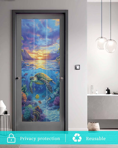 Sea Turtles Window Privacy Film Stained Glass Window Film Decorative Window Cover Static Window Cling for Glass Door Coastal Coral Tropical Fish Sunset Scenery Window Stickers for Bathroom 29.5"x78.7"