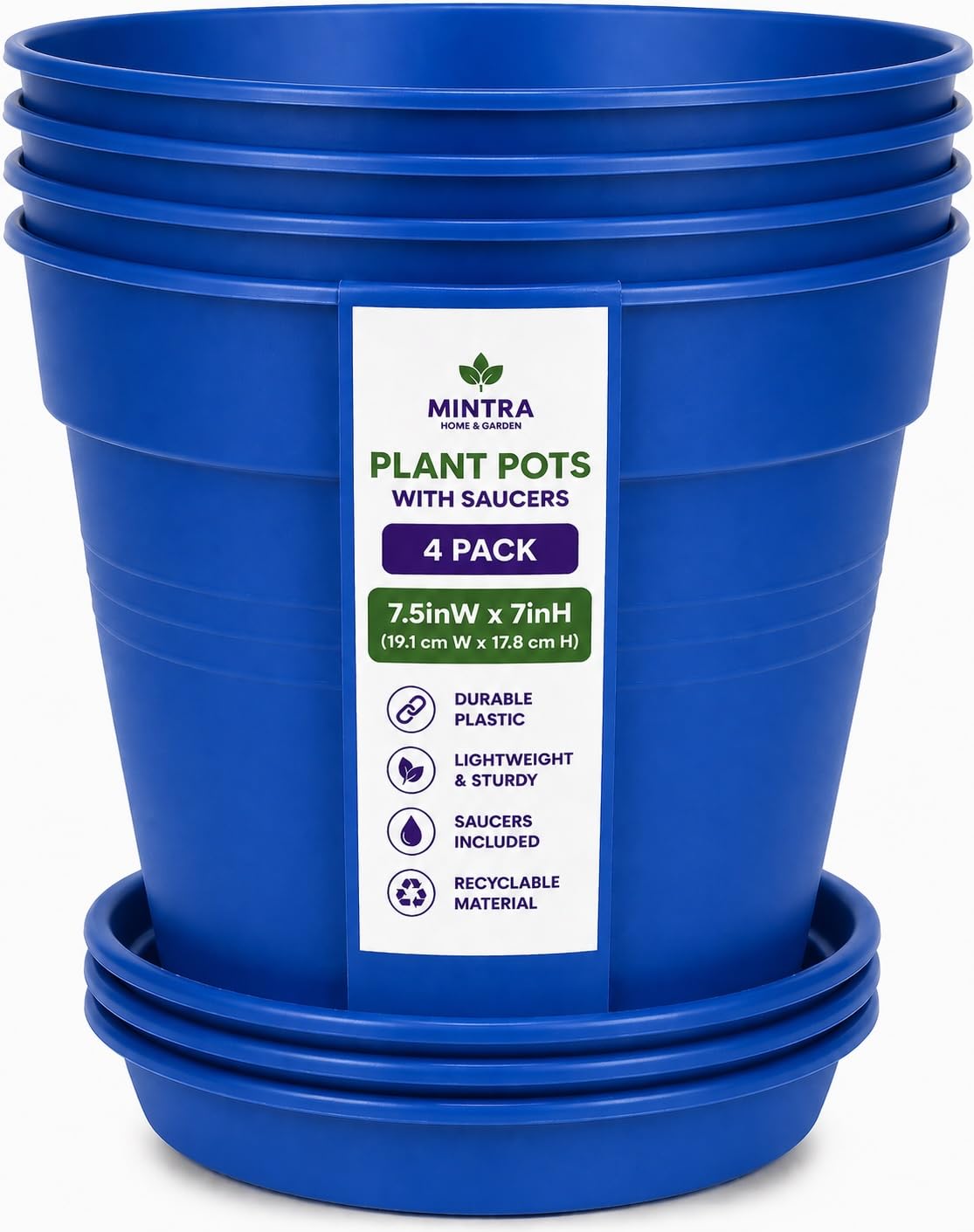 Mintra Garden Pots, 4 Pack Bulk Plastic Plant Pots with Drainage Tray, Round Indoor & Outdoor Decorative Planters with Drain Holes for Flowers, Herbs & Plants, 19cm Diameter – Blue, 7.5 in