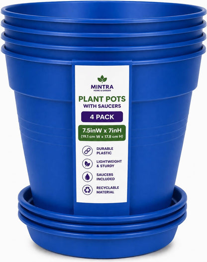 Mintra Garden Pots, 4 Pack Bulk Plastic Plant Pots with Drainage Tray, Round Indoor & Outdoor Decorative Planters with Drain Holes for Flowers, Herbs & Plants, 19cm Diameter – Blue, 7.5 in